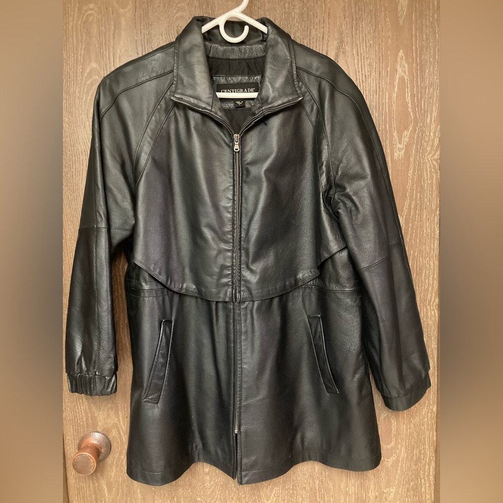 Leather Winter Jacket with quilted lining.and removable hood. Size L